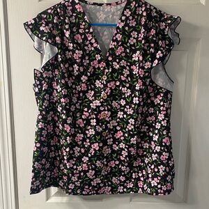 Floral Ruffle Sleeve Women's Top - Black and Pink